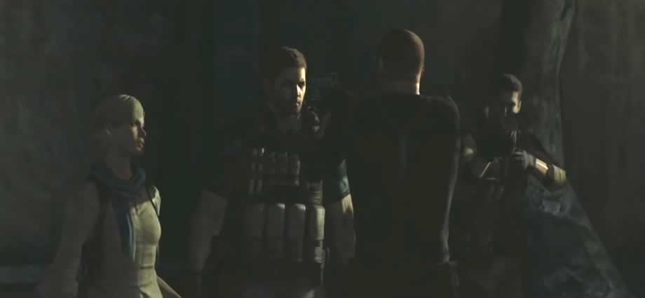 Jake aponta uma arma para Chris em Resident Evil 6
