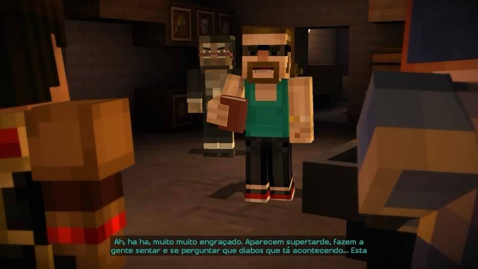 A turma encontra duas pessoas na casa da colina em Minecraft Story Mode