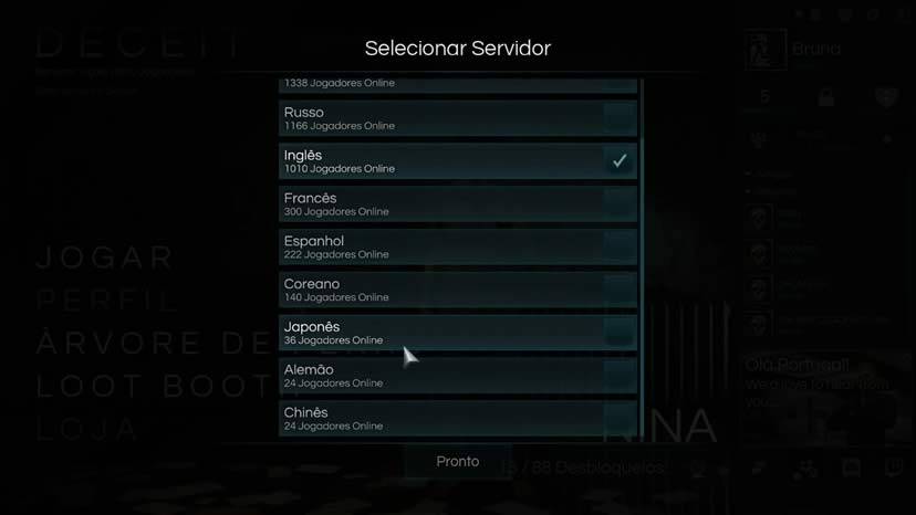 Tela de seleção de servidores de regiões de Deceit