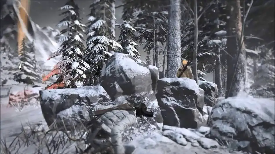 Lara usando Instinto de Sobrevivência antes de atacar inimigo em Rise of the Tomb Raider