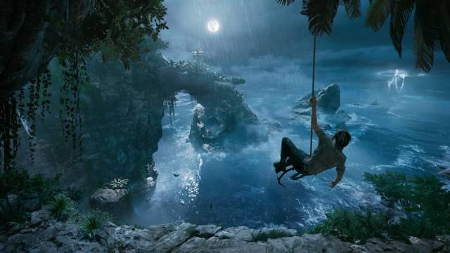 Lara pendurada em uma corda Shadow of the Tomb Raider