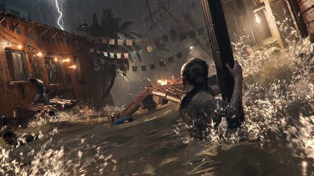 Lara se abrigando em uma enchente Shadow of the Tomb Raider