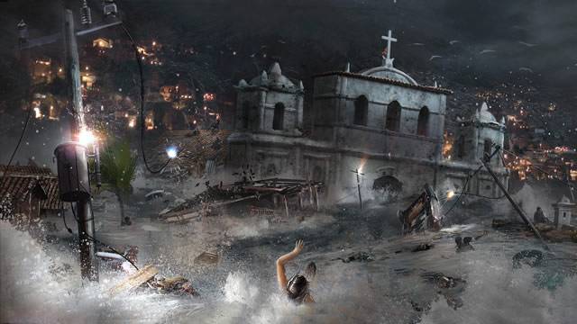 Lara sendo levada por enchente em Shadow of the Tomb Raider
