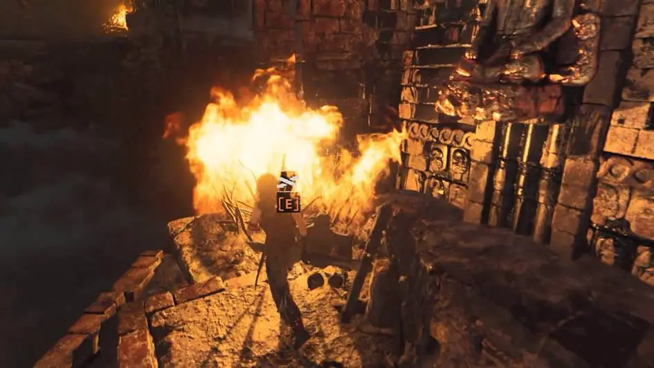 Lara empurrando alavanca em Shadow of the Tomb Raider