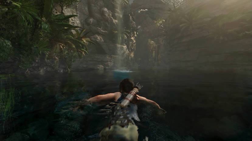 Lara Croft nadando em Shadow of the Tomb Raider
