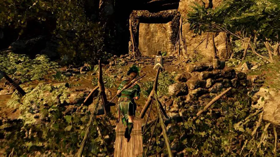 Lara atravessando ponte e seguindo Unuratu em Shadow of the Tomb Raider