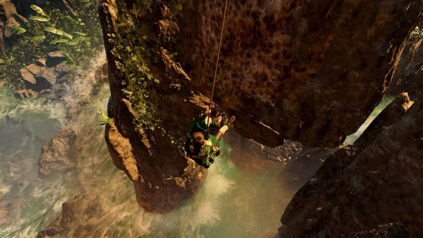 Lara descendo de rapel em Shadow of the Tomb Raider
