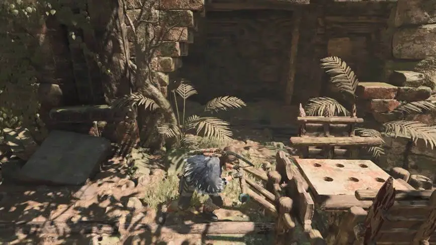 Lara empurrando o segundo carrinho Shadow of the Tomb Raider