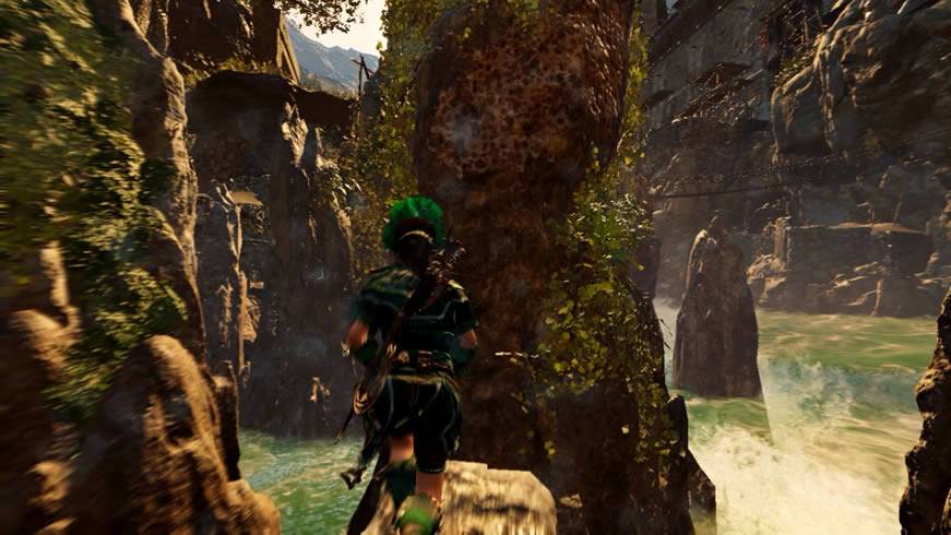 Lara preste a pular em uma parede de rapel em Shadow of the Tomb Raider