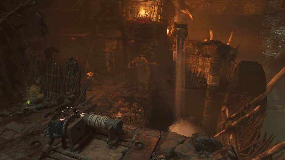 Lara virando a estátua que jorra água em Shadow of the Tomb Raider