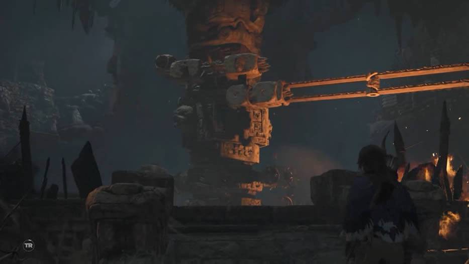 Mecanismo gigante que gira e tem espinhos Shadow of the Tomb Raider