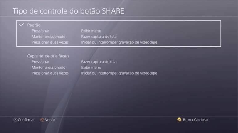 Tela que mostra as configurações de captura do SHARE do PS4