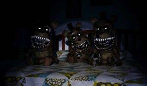Mini Freddys na cama em Five Nights at Freddy’s 4