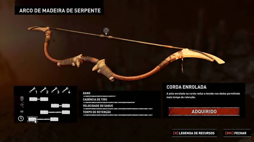 Arco de madeira de serpente todas atualizações Shadow of the Tomb Raider