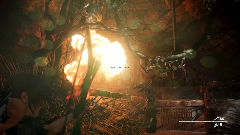 Lara atirando flecha de fogo no gás verde em Shadow of the Tomb Raider
